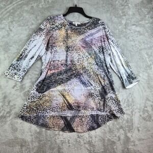 Jess & Jane Top Womens XL Cream Black Leopard Print Sheer Embelished 3/4 Sleeve